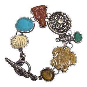 Vtg Tibetan Silver Stone Toggle Bracelet Scarab Turtle Totem Buddha Turquoise